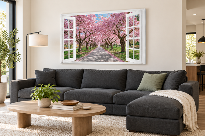 Cherry blossom window view wall art above a charcoal sectional sofa in a modern living room.