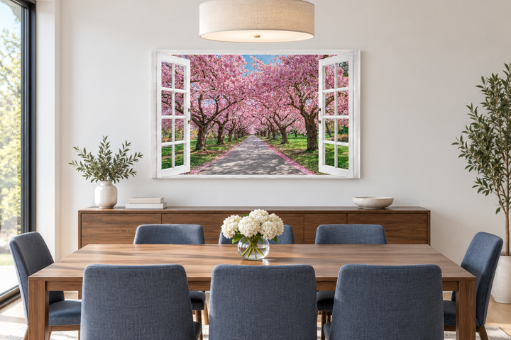 Cherry Blossom Window View wall art showing a pink sakura tree path in a white window frame.