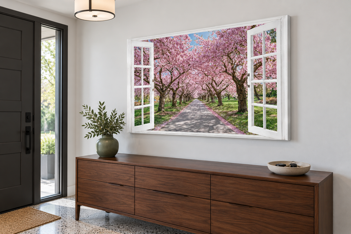 Cherry blossom window view wall art above a wooden dresser in a modern entryway.
