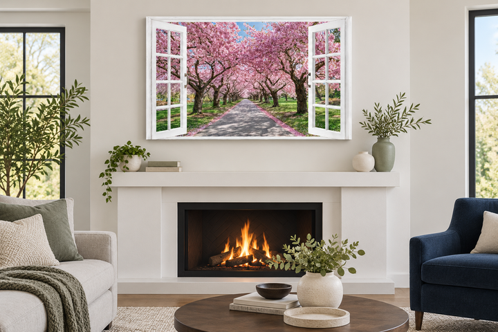 Cherry blossom window view wall art above a white fireplace in a modern living room.