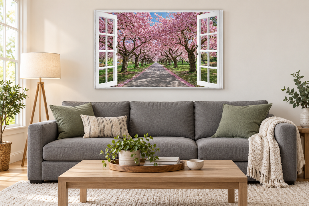 Cherry Blossom Window View Wall Art above a gray sofa in a modern living room.