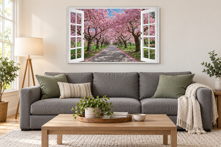 Cherry Blossom Window View Wall Art above a gray sofa in a modern living room.