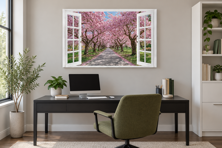 Cherry blossom window view wall art above a desk in a modern home office with a green chair.