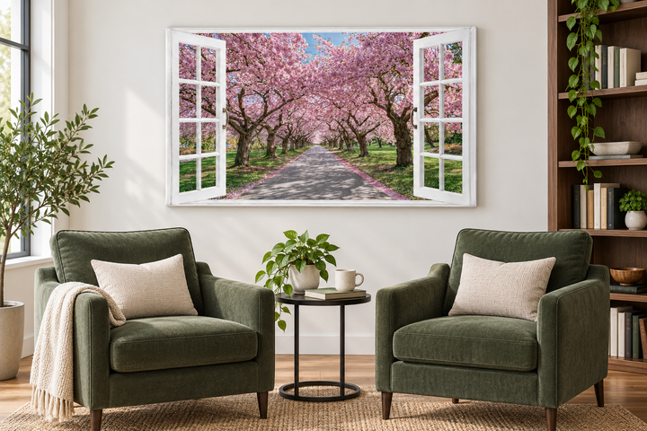 Cherry blossom window view wall art above two green armchairs in a modern living room.