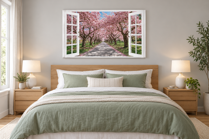 Cherry blossom window view wall art above a bed in a modern sage green bedroom.