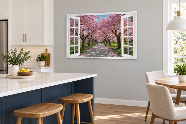 Cherry blossom window view wall art showing a pink sakura tree avenue in a white window frame.