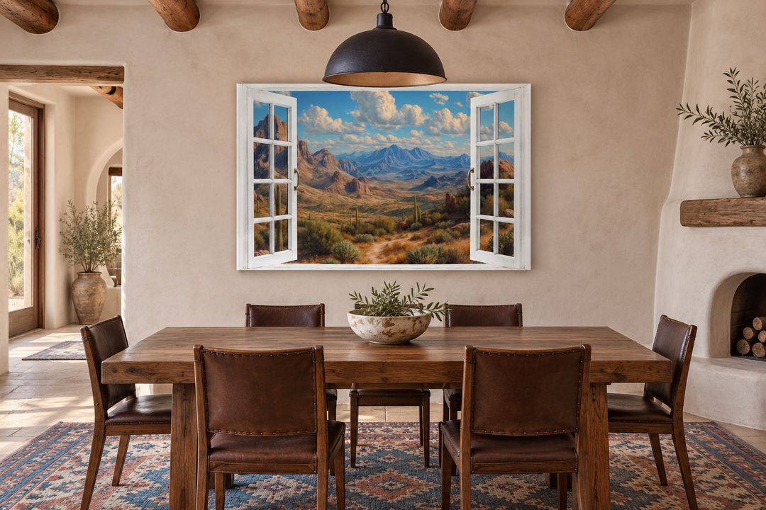Arizona desert landscape painting framed as an open window, hanging in a rustic dining room.