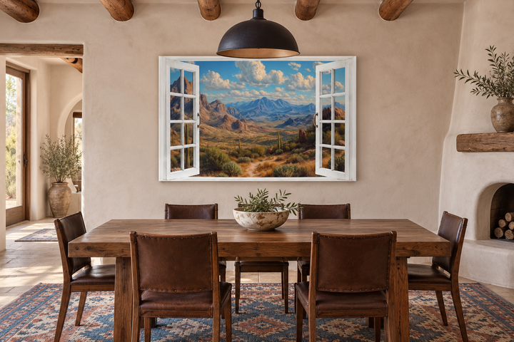 Arizona desert landscape painting framed as an open window, hanging in a rustic dining room.