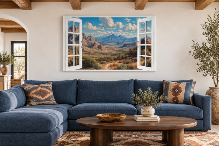 Arizona desert landscape painting in a white open window frame above a blue sectional sofa.
