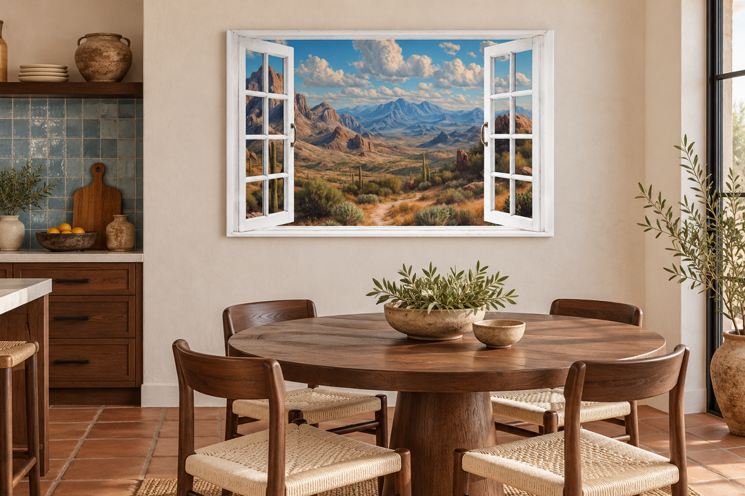 Arizona desert landscape painting framed as an open window, displayed in a rustic dining room.