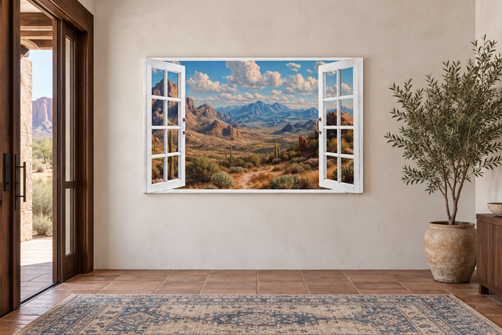 Arizona desert view wall art featuring an open white window frame on a neutral wall.