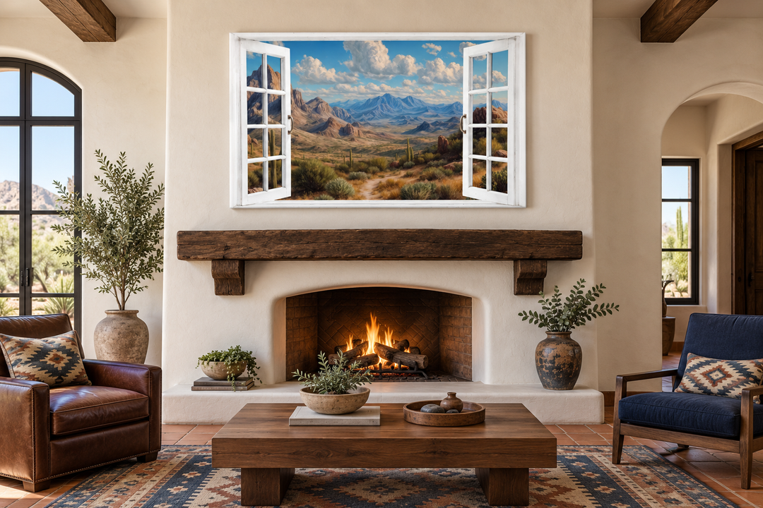 Arizona desert landscape painting in a white open window frame above a rustic fireplace.