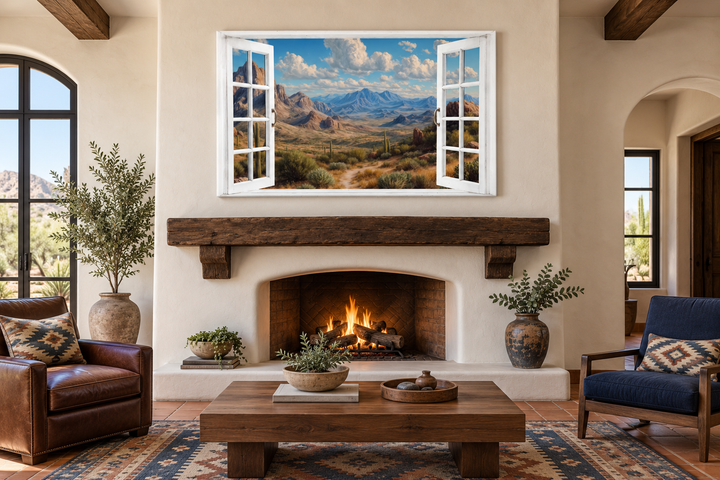 Arizona desert landscape painting in a white open window frame above a rustic fireplace.