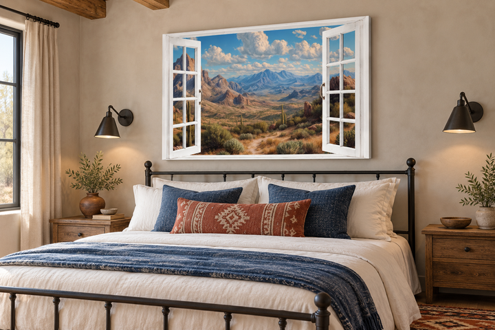 Arizona desert view wall art in a white open window frame hanging above a black metal bed.