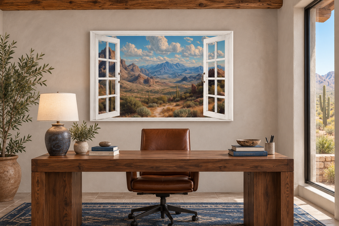 Arizona desert landscape wall art featuring an open window view with mountains and cacti.