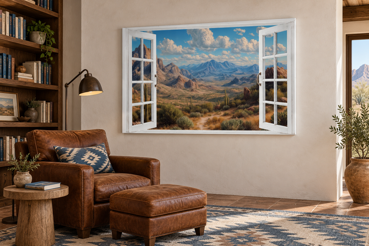 Arizona desert view wall art featuring an open window frame overlooking a vast mountain landscape.