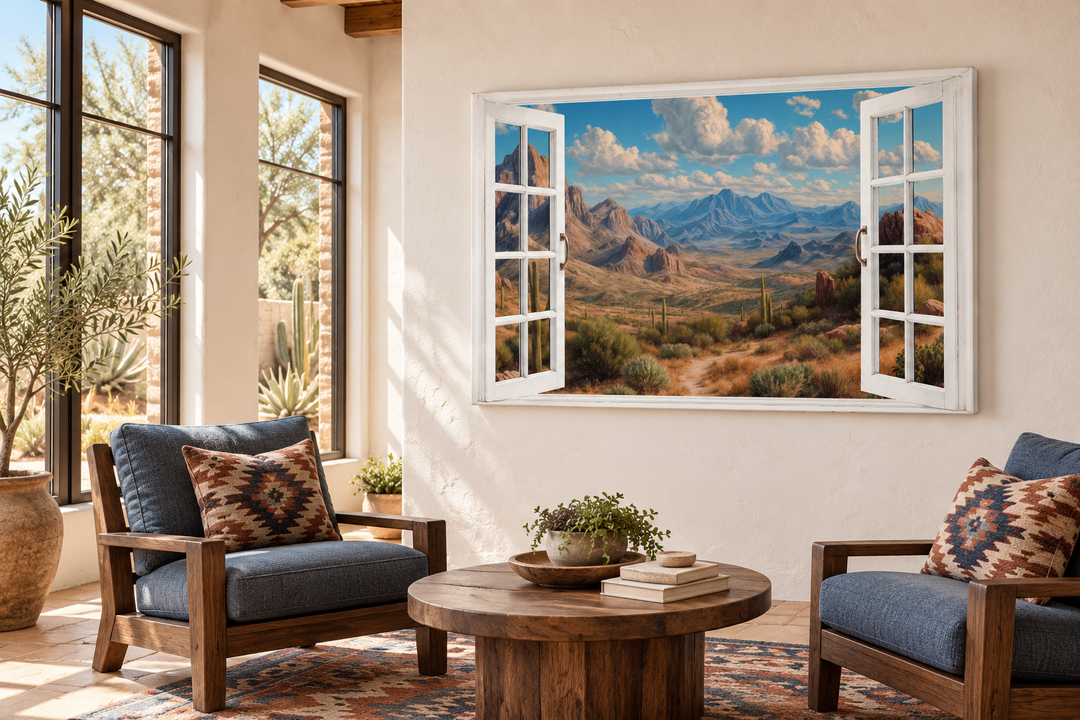 Southwestern wall art of an Arizona desert landscape seen through a white open window frame.
