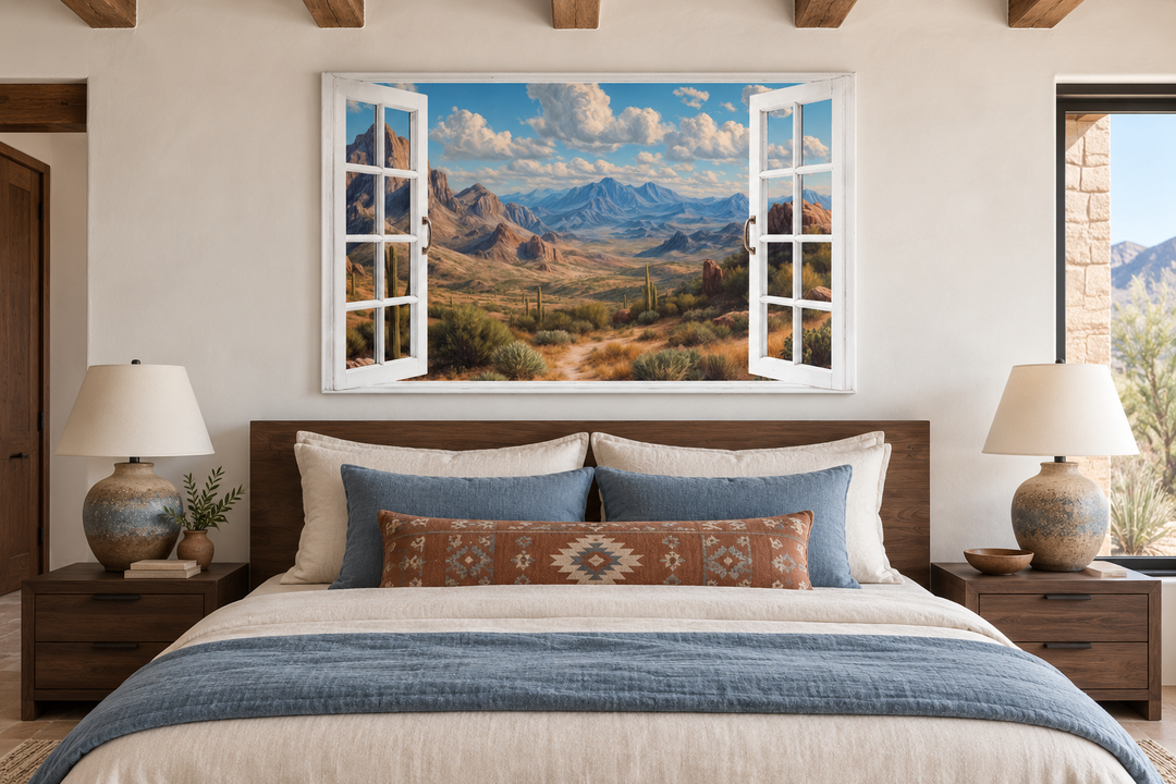 Arizona desert landscape painting in a white open window frame above a bed in a rustic bedroom.