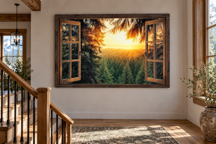 Fir forest sunrise fake window view wall art on a living room wall above a patterned rug.