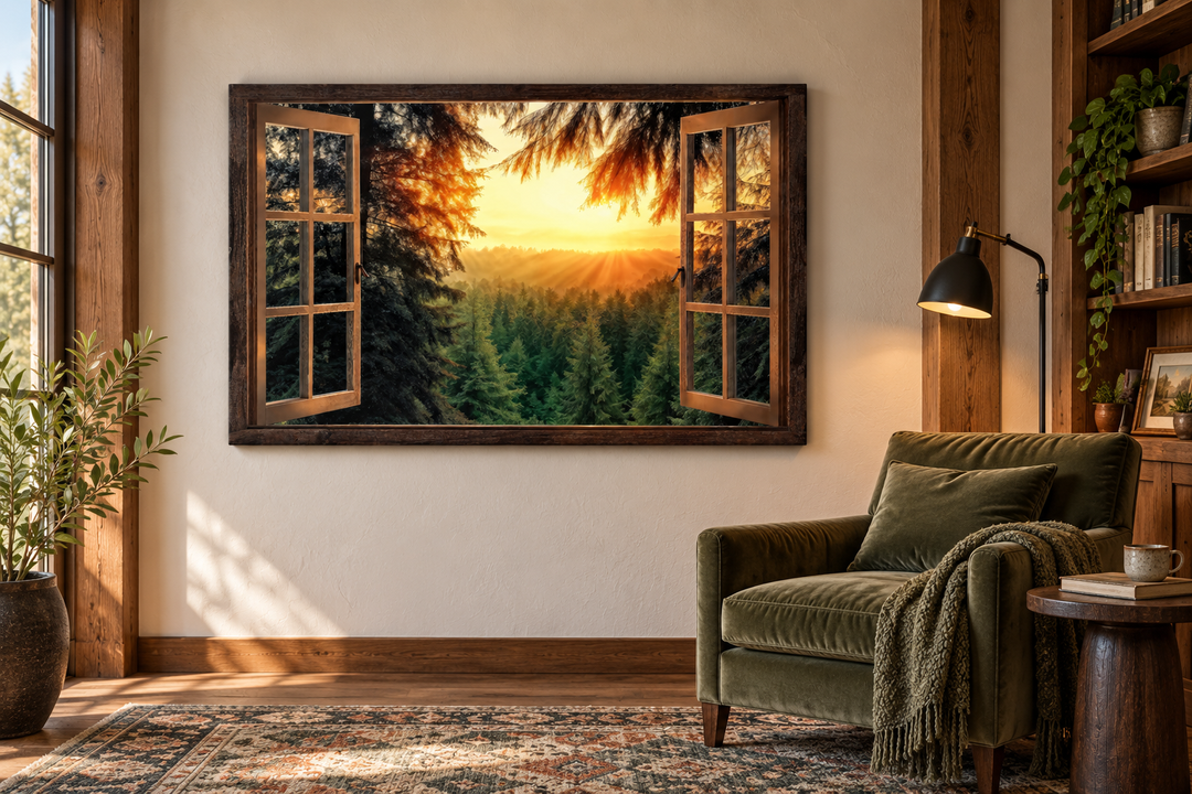 Fir forest sunrise fake window view wall art on a living room wall above a green armchair.