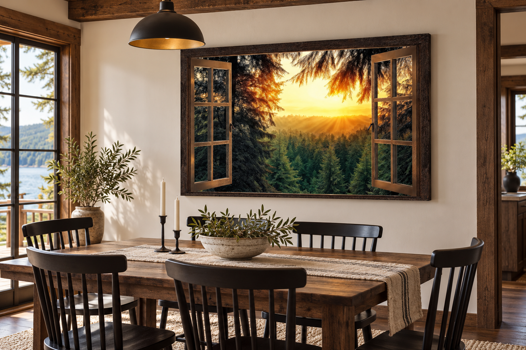 Fir forest sunrise fake window view wall art hanging in a rustic dining room above a wooden table.