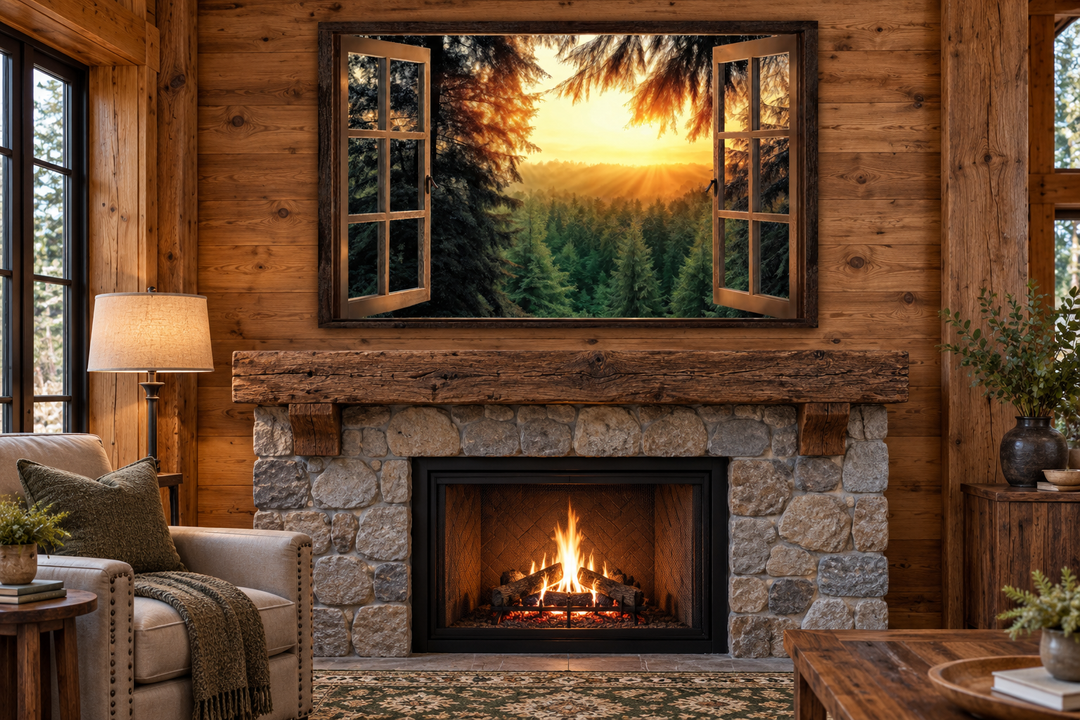 Fir forest sunrise fake window view wall art hanging above a stone fireplace in a rustic cabin.