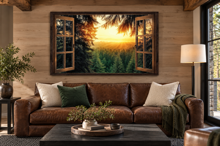 Fir forest sunrise fake window view wall art hanging above a brown leather sofa in a rustic room.