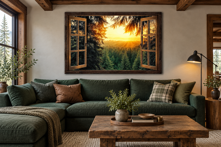 Fir forest sunrise fake window view wall art hanging above a green sectional sofa in a cabin.