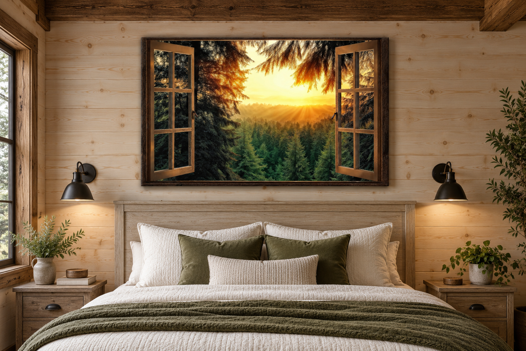 Fir forest sunrise fake window view wall art above a bed in a rustic wooden bedroom.
