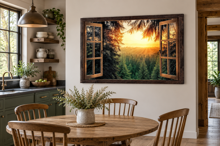 Fir forest sunrise fake window view wall art hanging in a rustic kitchen above a dining table.