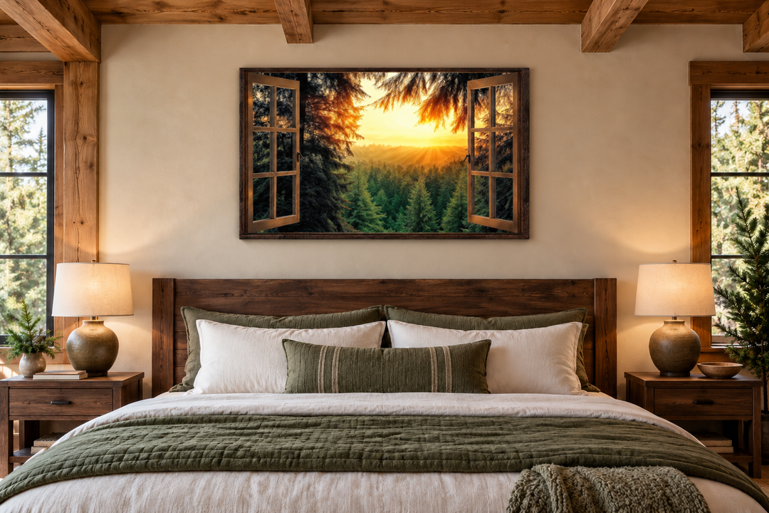 Fir forest sunrise fake window view wall art hanging above a bed in a rustic bedroom.
