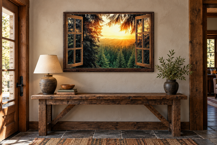 Fir forest sunrise fake window view wall art hanging above a rustic wooden console table.