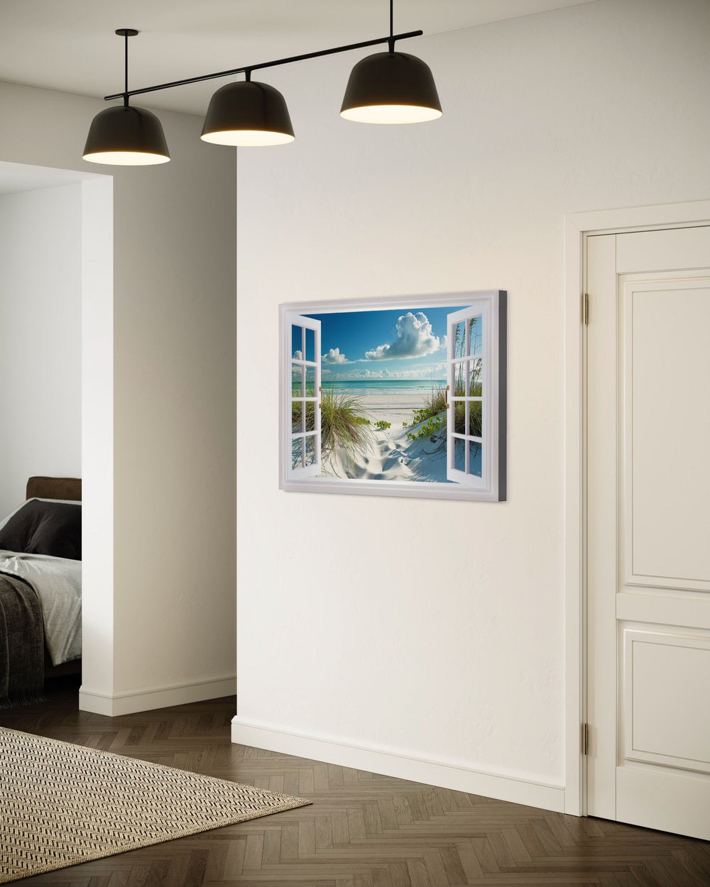 Window View Beach Sand Dunes And Grass Wall Art in living room