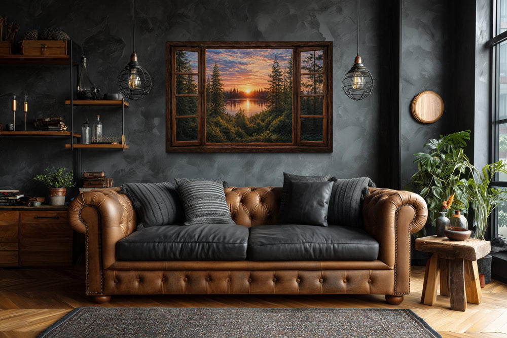 Window View of Forest Lake Sunset Canvas Wall Art displayed in a rustic living room.