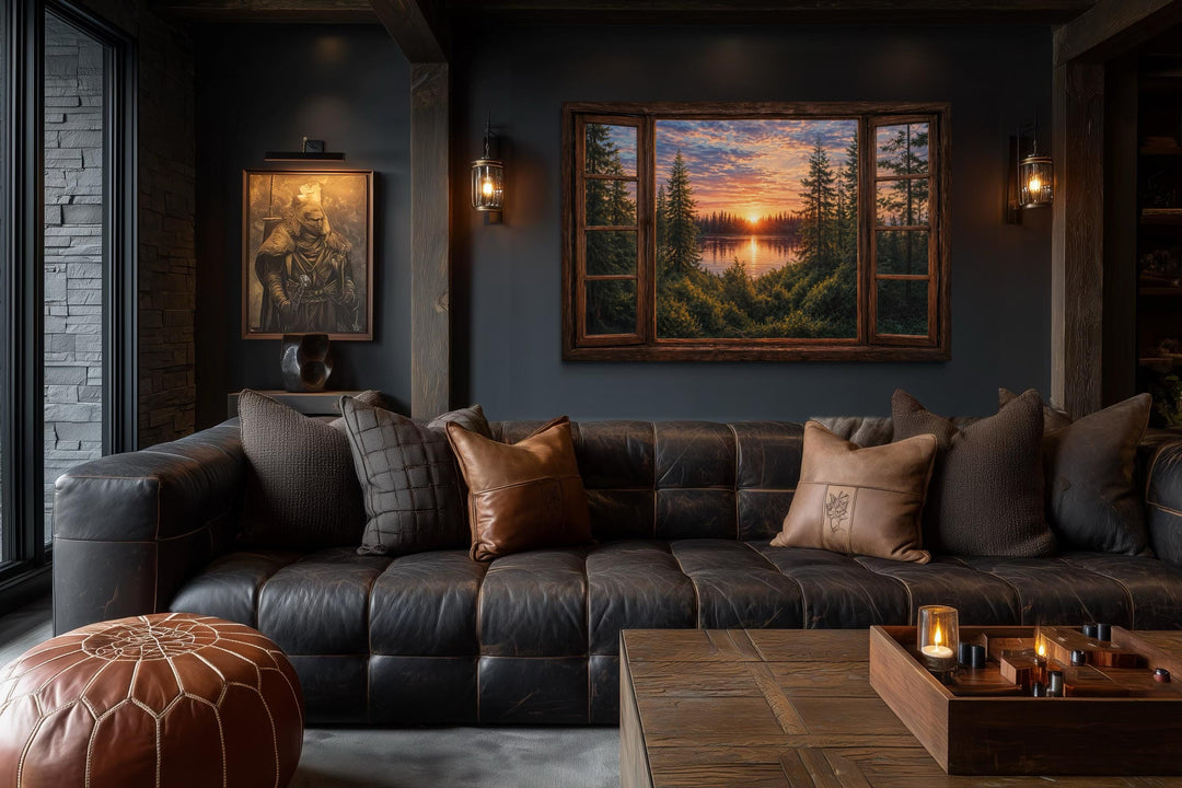 Window View of Forest Lake Sunset Canvas Wall Art in a rustic wooden frame on a dark wall.