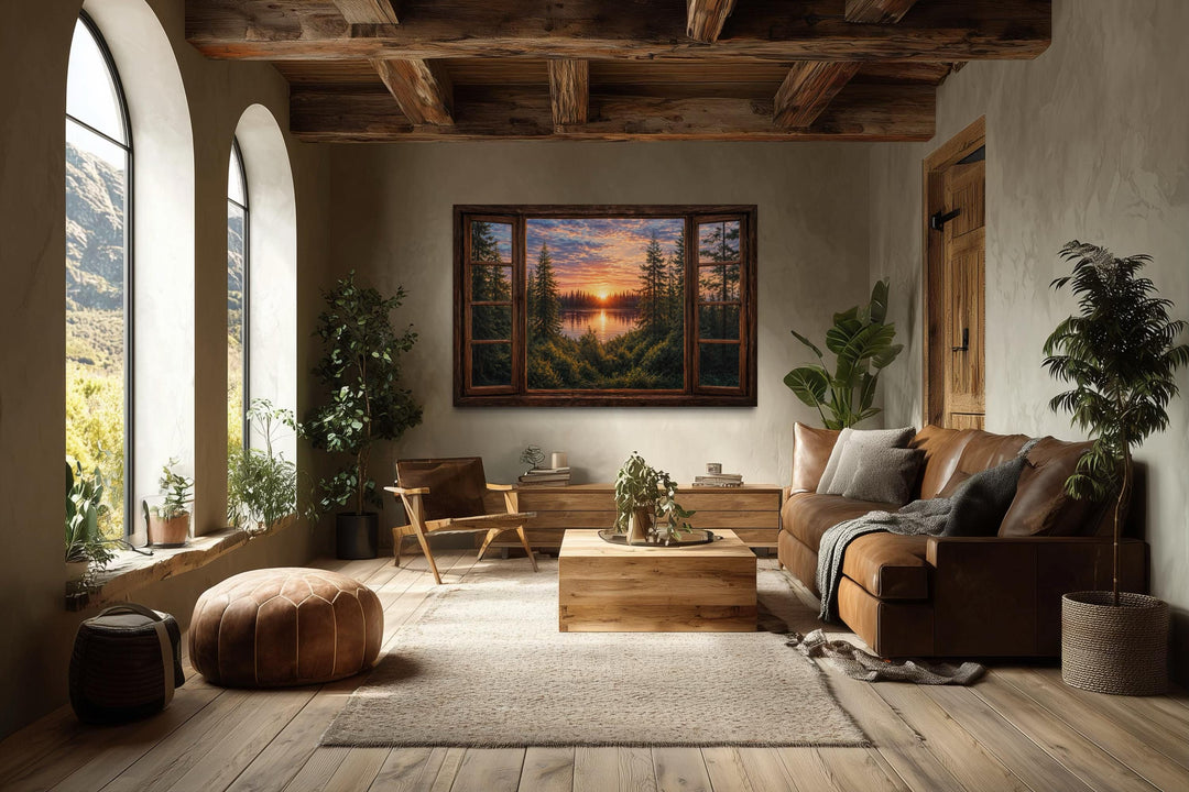 Window View of Forest Lake Sunset Canvas Wall Art displayed in a rustic living room.