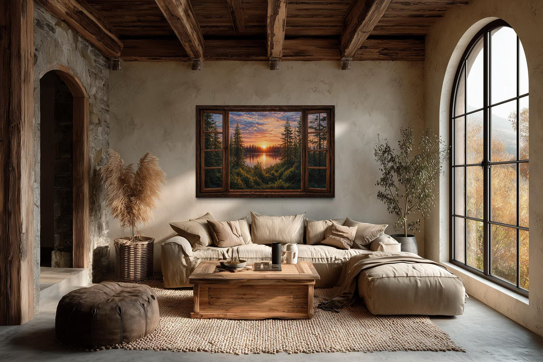 Window View of Forest Lake Sunset Canvas Wall Art displayed in a rustic living room.