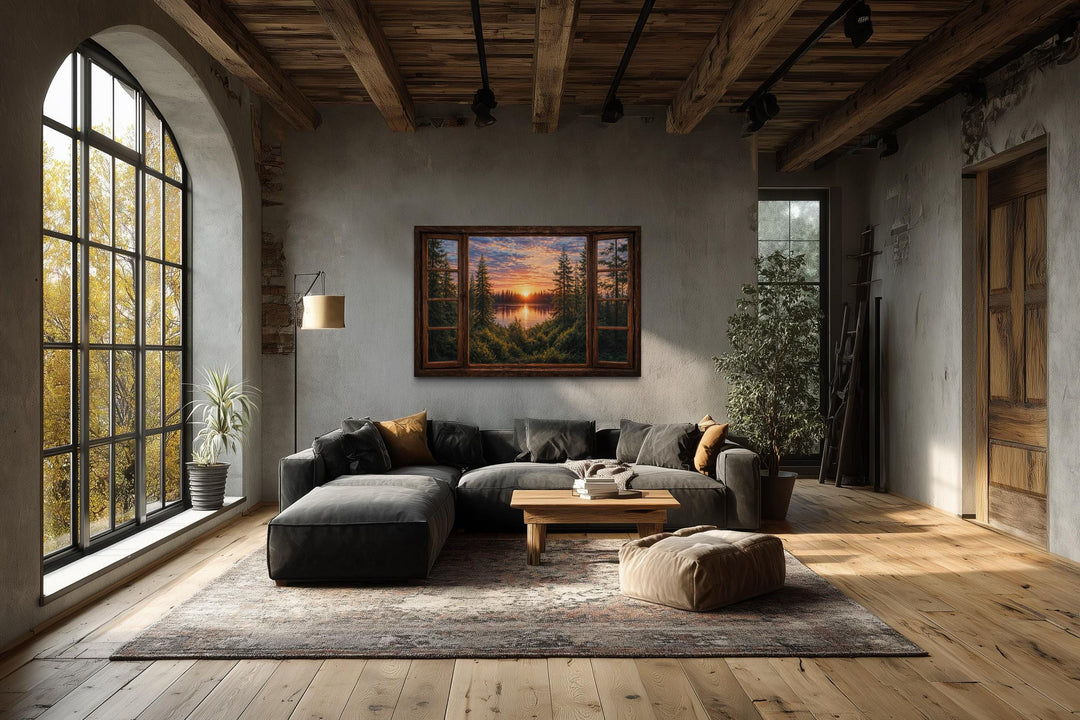 Window View of Forest Lake Sunset Canvas Wall Art in a rustic living room setting.