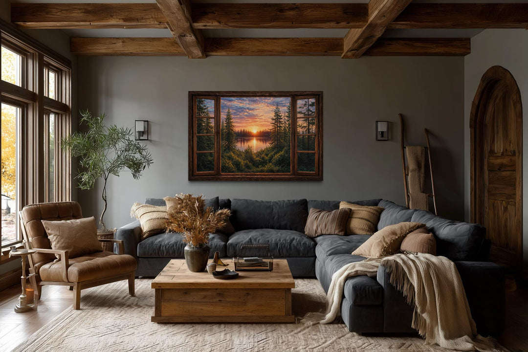 Window View of Forest Lake Sunset Canvas Wall Art displayed in a rustic living room.