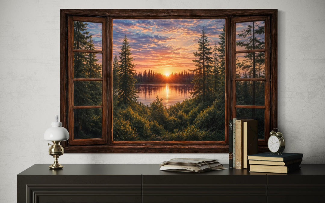 Window view canvas wall art of a forest lake sunset framed by a rustic wooden window.