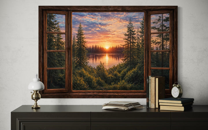 Window view canvas wall art of a forest lake sunset framed by a rustic wooden window.