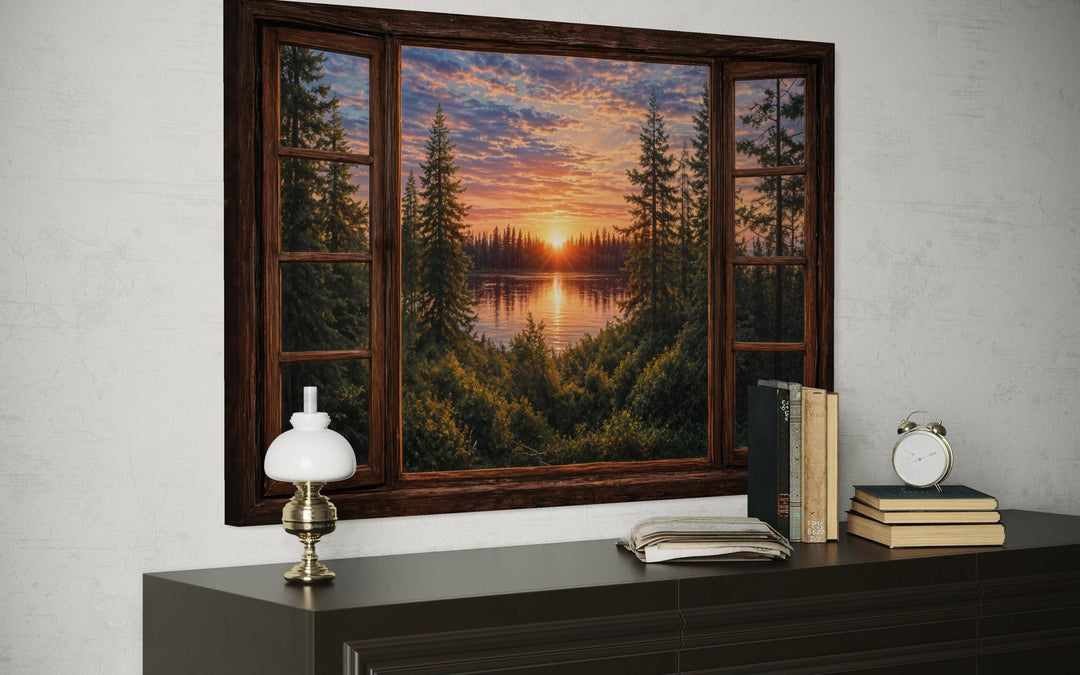 Window view canvas wall art of a forest lake sunset in a rustic wooden frame.