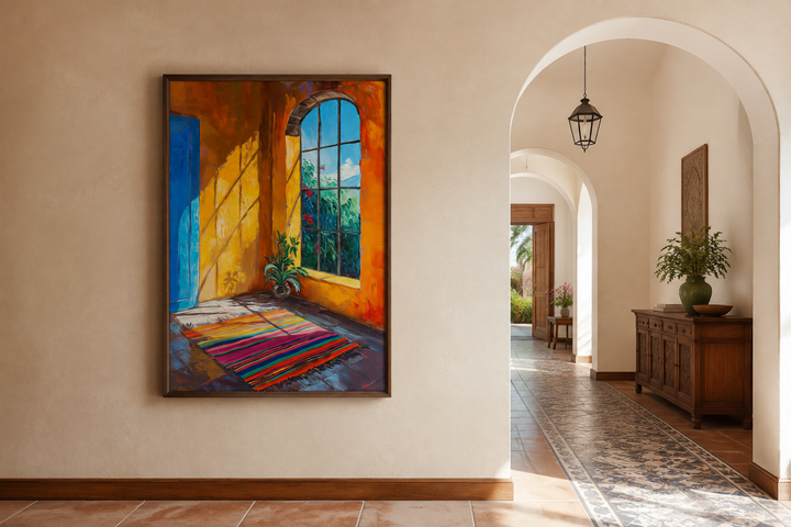 Framed painting of a sunlit Mexican room with a colorful rug, blue door, and arched window.