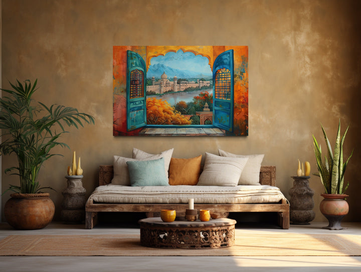 Window to India Canvas Wall Art - Vibrant Indian Grand Palace Landscape