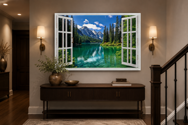 Mountains and emerald lake fake window view wall art above a console table in a home hallway.
