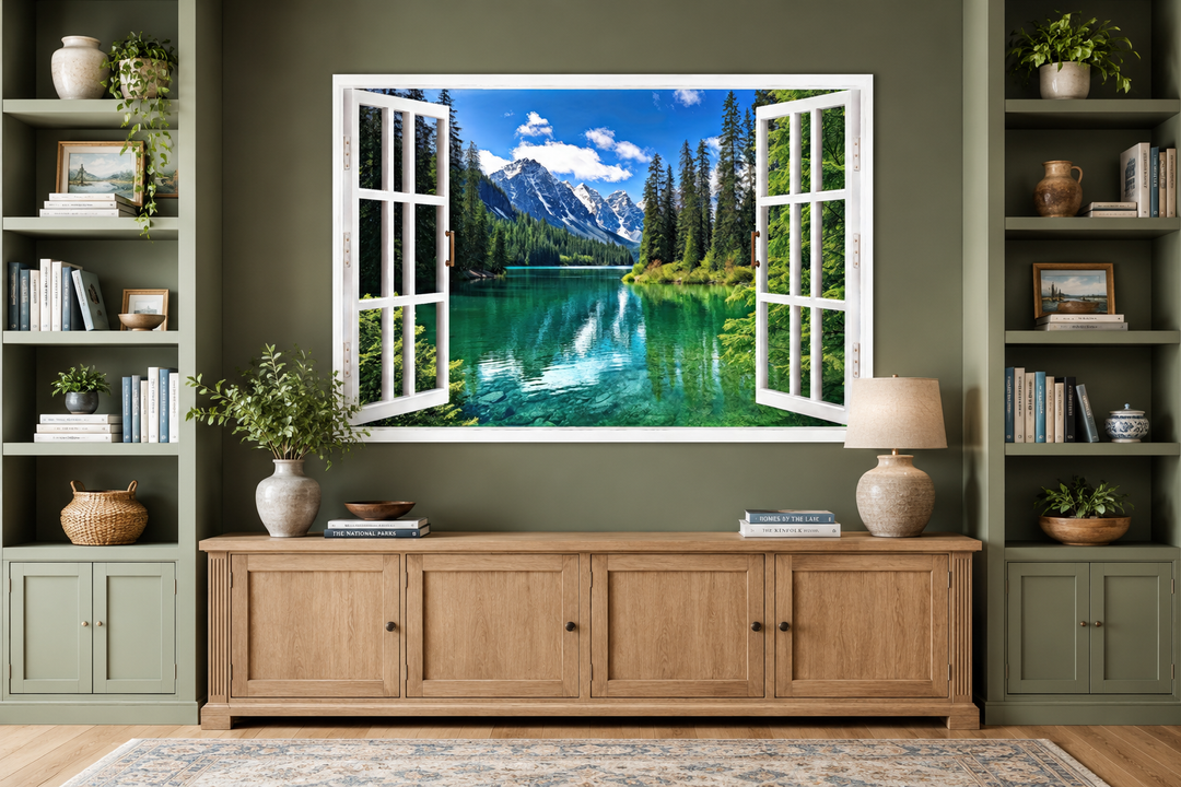 Mountains and emerald lake fake window view wall art above a wooden console in a green room.