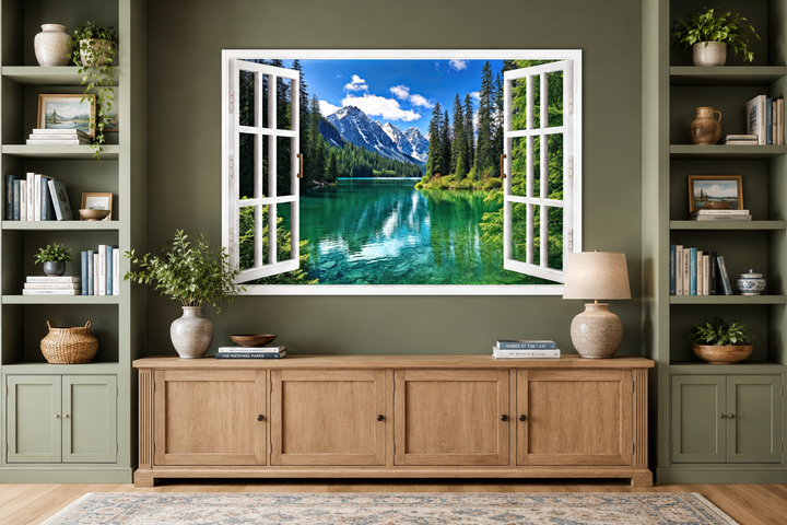 Mountains and emerald lake fake window view wall art above a wooden console in a green room.