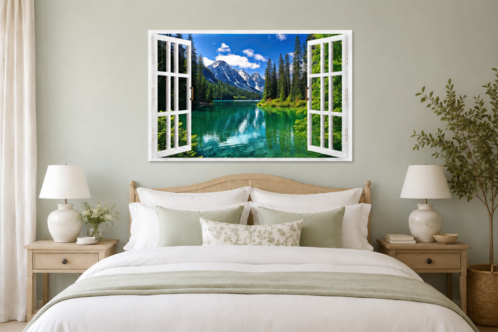 Mountains and emerald lake fake window view wall art hanging above a bed in a neutral bedroom.