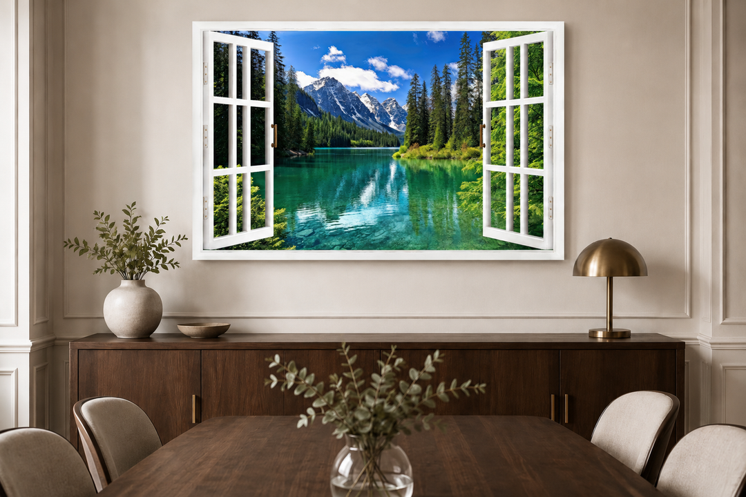 Mountains and emerald lake fake window view wall art above a wooden sideboard in a dining room.