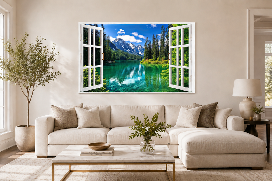 Mountains and emerald lake fake window view wall art hanging above a white sofa in a living room.